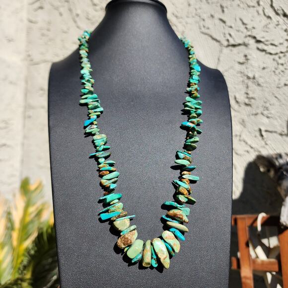 Vtg Royston Turquoise Necklace Blue Green Brown Graduated Nugget Chip Beaded - Picture 12 of 12